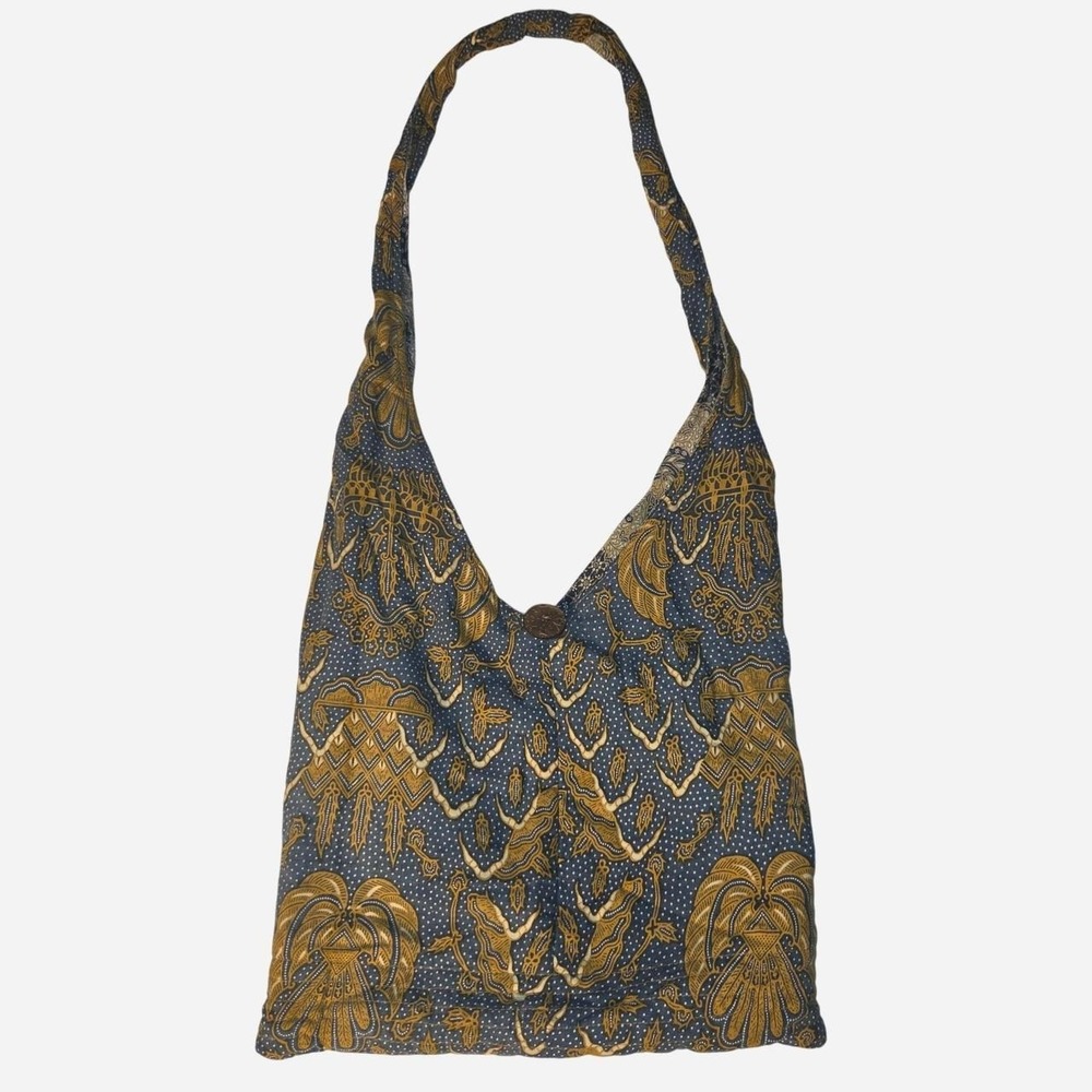 Handmade Batik Cotton Boho Shoulder Bag Blue Gold Palm Tree Bird Indonesia